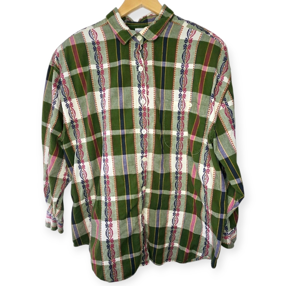 Vintage Backroad Blues Button Up Shirt Size 24W Green Embroidery Southwestern